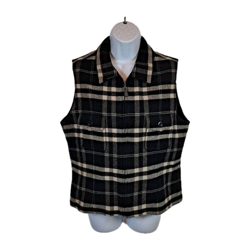 Breeches Vintage Women's Wool Blend Vest Size L Plaid Full Zip Lined Black White